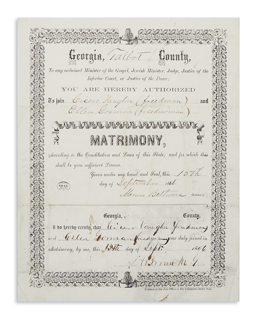 (RECONSTRUCTION.) Marriage certificate issued to a Georgia freedman and freedwoman a year after the war.